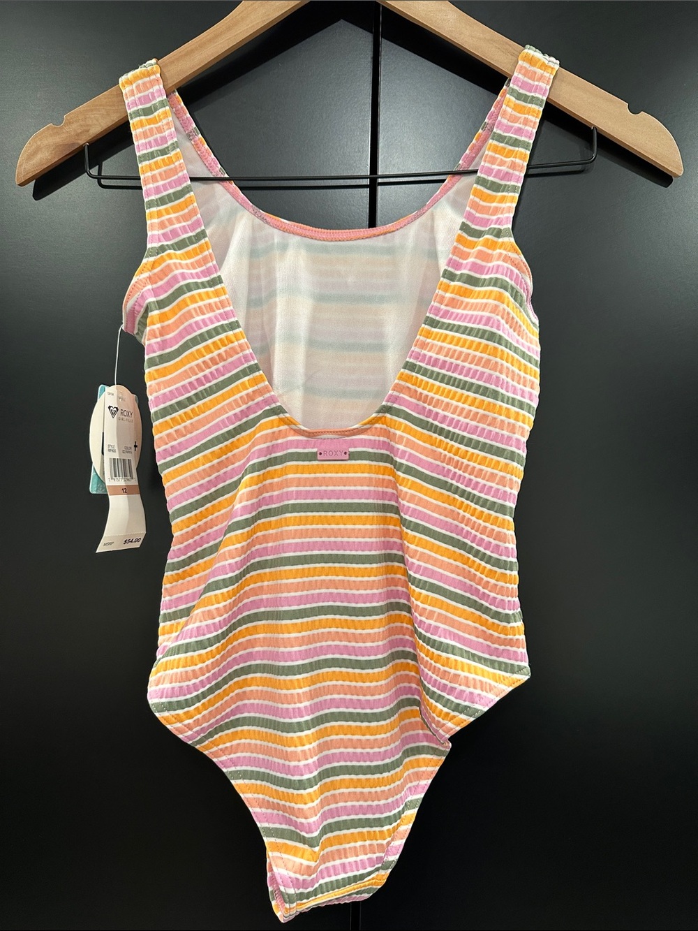 NEW Roxy Ribbed Striped One-Piece Swimsuit in Pink, Yellow & Green - Picture 2 of 3